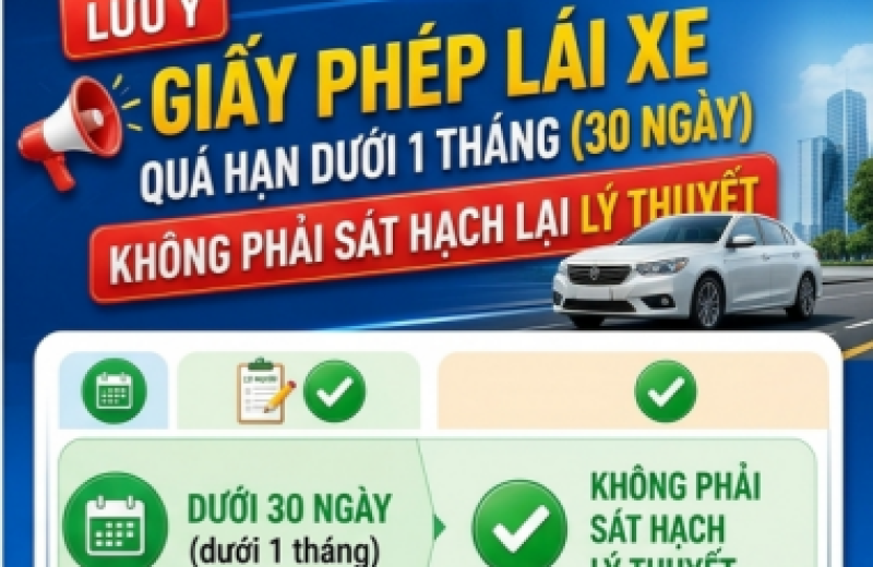 GIẤY PHÉP LÁI XE QUÁ HẠN DƯỚI 1 THÁNG (30 NGÀY) KHÔNG PHẢI SÁT HẠCH LẠI LÝ THUYẾT
