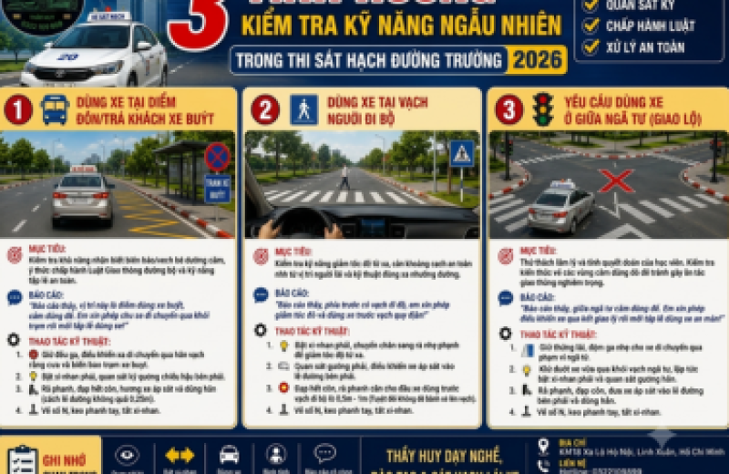 3 TÌNH HUỐNG KIỂM TRA KỸ NĂNG NGẪU NHIÊN TRONG THI SÁT HẠCH ĐƯỜNG TRƯỜNG.